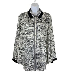 Talbots Plus London Map Print Button Down Blouse Black White